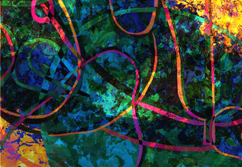 Neon abstract colorful background with grunge brush strokes and paint splashes