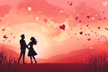 Contemporary art style depicting a couple in silhouette with a heart-filled sky, using a red to pink gradient, background, St Valentines or wedding  card
