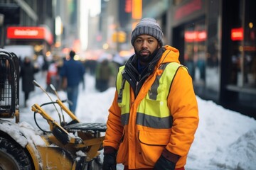 A worker in an orange uniform is clearing snow from the streets using a special machine on a winter day. The scene shows a man in practical winter clothes, efficiently maintaining clear pathway