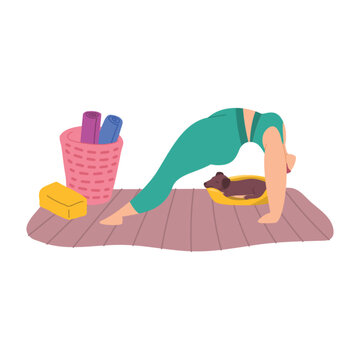 Cartoon Color Character Woman Home Yoga Position Purvottanasana Concept Flat Design Style. Vector illustration of Practice
