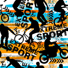 Abstract seamless grunge pattern for guys. Urban style modern background with with boy on bicycle BMX. Sport extreme style creative wallpaper