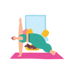 Cartoon Color Character Woman Home Yoga Position Balance Concept Flat Design Style. Vector illustration of Practice