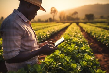 African farmer using tablet for research leaves of plant in organic farm. - obrazy, fototapety, plakaty