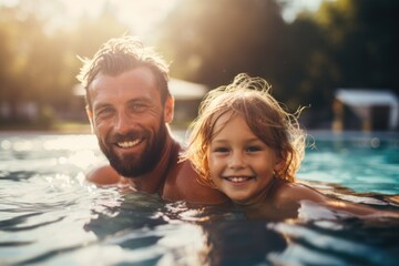 Father and son enjoying swimming time together in the pool, summer time