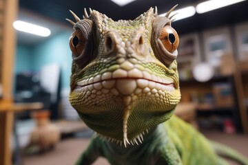 Close-up of funny faces of a chameleon looking at the camera - obrazy, fototapety, plakaty