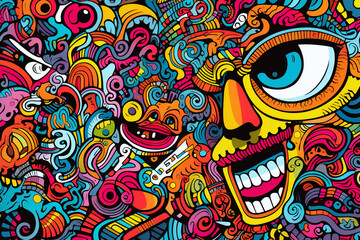 Colorful psychedelic doodle with eye and skull