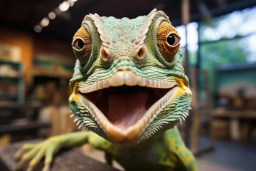 Fotobehang Close-up of funny faces of a chameleon looking at the camera © sirisakboakaew