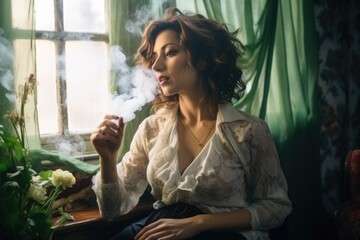 short haired woman smoking at the window in the afternoon, summer vibes