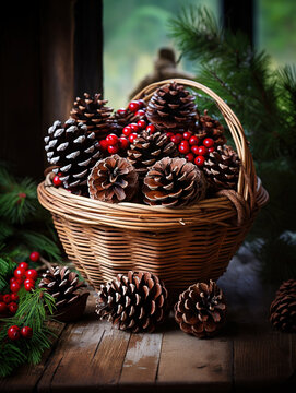 Rustic Christmas Elegance: Wooden Basket with Pine Cones