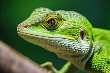 Fototapeta premium Macro Beautiful nature scene lizard. Exotic beautiful endemic green reptile