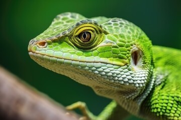 Macro Beautiful nature scene lizard. Exotic beautiful endemic green reptile