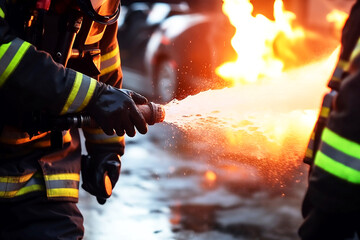 Firefighters use fire extinguishers and spray water