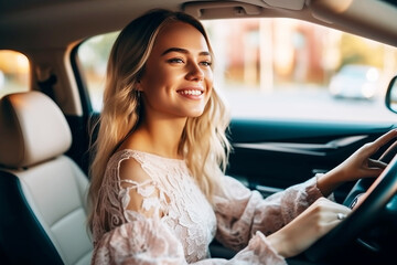 Fototapeta na wymiar Woman smiling driving a car on road