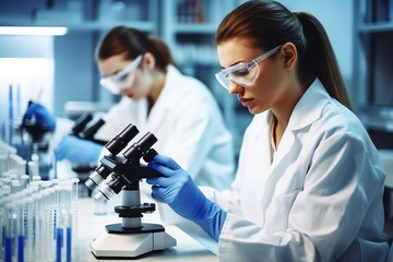 Scientist team working research laboratory with microscope modern medical