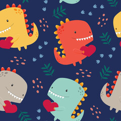 Vector children's seamless pattern with funny cute colorful dinosaurs. Dinosaurs with a small heart in their hands. Vector illustration on dark background in flat style