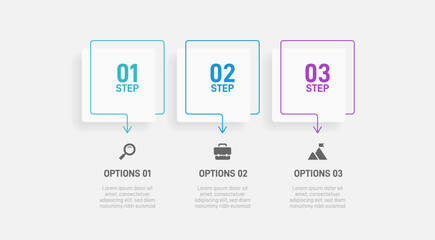 Timeline infographic with infochart. Modern presentation template with 3 spets for business process. Website template on white background for concept modern design. Horizontal layout.