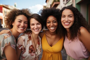 Fototapeta premium Happy latin women with different skin color looking in camera