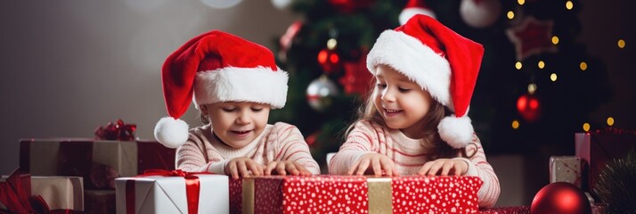 Adorable Kids Wearing Santa Hats And Opening Gift Boxes At Home