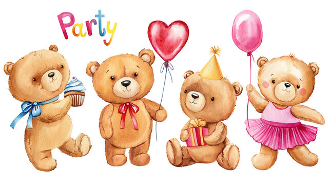 Set Teddy bear party on isolated background. Watercolor hand drawn illustration. Cute little bear toy. Design banner 