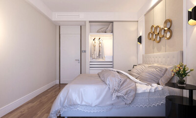 3d render. Modern hotel room interior scene.