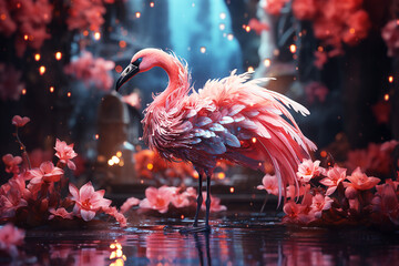 Pink flamingo beautiful wings in fantasy forest - obrazy, fototapety, plakaty
