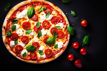 Pizza cheez tomatoes, mozzarella and basil,on black stone background