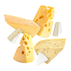 Different kinds of cheese falling on white background