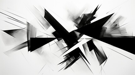An abstract composition of intersecting, jagged lines in black and white, creating contrast