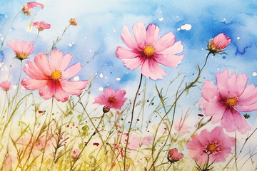 Fototapeta na wymiar Beautiful watercolor cosmos flower field