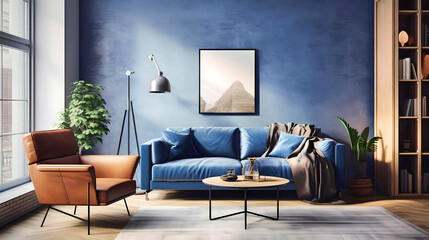 Dark blue sofa and recliner chair in Scandinavian style