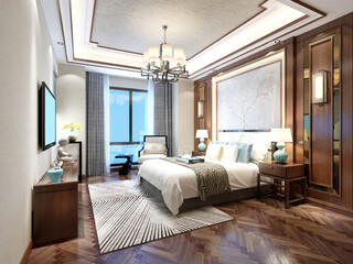 3d render. Modern hotel room interior scene.