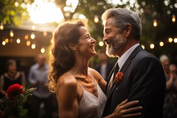 Mature bride and groom receiving congratulations at wedding reception - obrazy, fototapety, plakaty