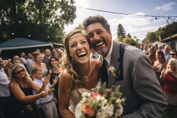 Mature bride and groom receiving congratulations at wedding reception