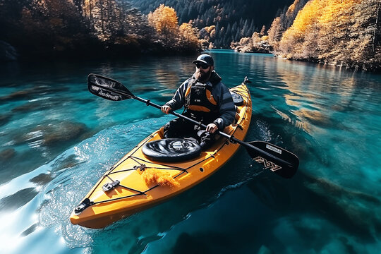 Aerial view man kayaking on the river with mountain view