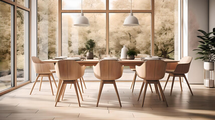 Wooden dining table and chairs in Scandinavian interior design with hanging lamp