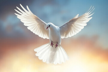 A white pigeon flies in the sky. Dove of peace. AI generative