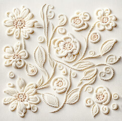 Ivory embroidered rose floral design on off white background