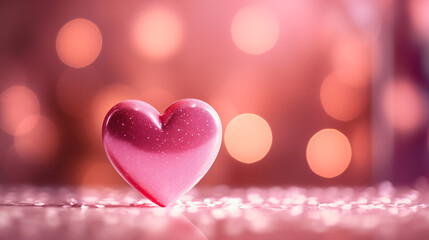 A shiny pink heart on a pink and orange bokeh background with bokeh lights scattered throughout. Dreamy and romantic feel. St. Valentine's day background.