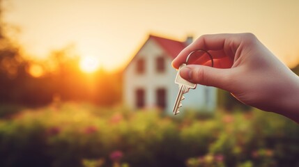 Hand with a home key with house on background