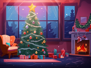 Christmas interior, glowing Christmas tree, fireplace, gifts in beautiful boxes. Christmas atmosphere in 2d cartoon style.
