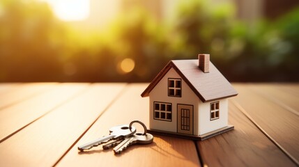 Miniature photo of a house with a key on a table, Real estate concept