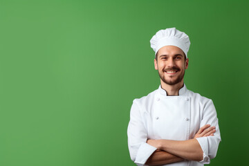 Smiling chef with crossed arms on green background - obrazy, fototapety, plakaty