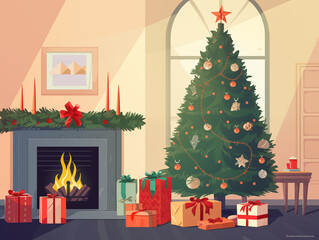 Christmas interior, glowing Christmas tree, fireplace, gifts in beautiful boxes. Christmas atmosphere in 2d cartoon style.