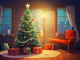 Christmas interior, glowing Christmas tree, fireplace, gifts in beautiful boxes. Christmas atmosphere in 2d cartoon style.