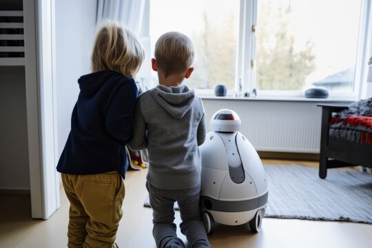 Children or kids, view from the back, playing with a robot, illustrate the concept of artificial intelligence and learning through play.