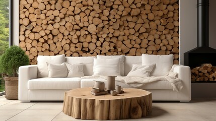 White sofa and round coffee table against wall with stacked wood logs. Rustic home interior design of modern living room, Generative AI