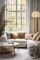 Cozy white sofa against window. Scandinavian style home interior design of modern living room, Generative AI
