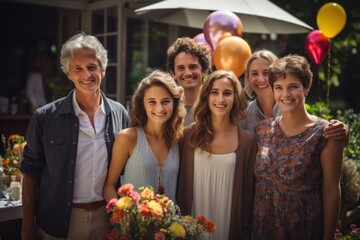 Multi-generation family on outdoor summer garden party - Powered by Adobe