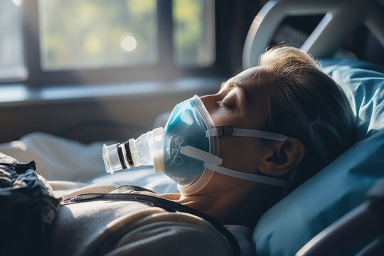 Nurse fitting oxygen mask on patient in hospital bed