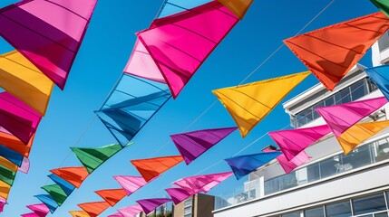 An array of colorful triangular flags hanging in the breeze, forming an eye-catching display